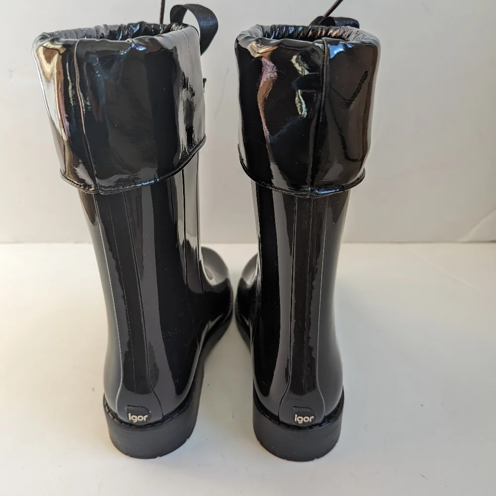 NWB Igor Campera Charol Girl's Sz 5.5 /36Bow Rain Boots Black made in Spain